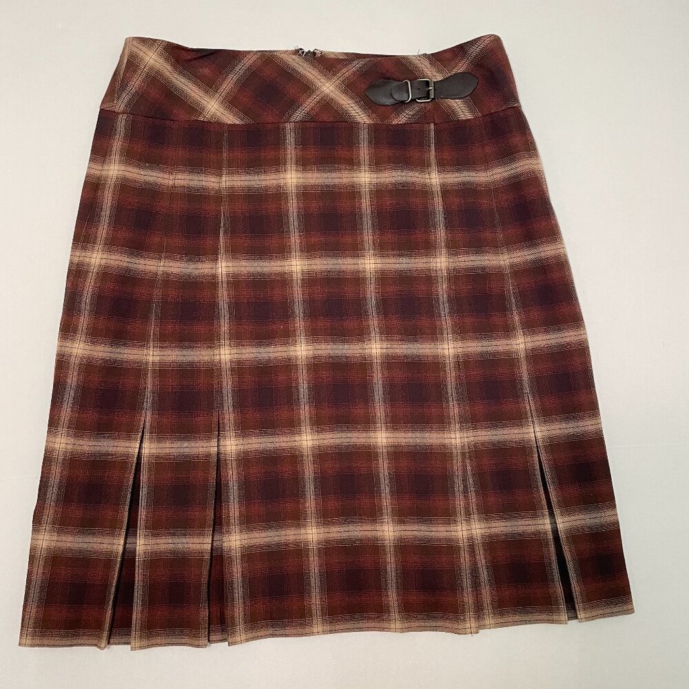JONES WEAR Skirt Size 10 Pleated Knee Length Brown Plaid Lined Zip Back Stretch